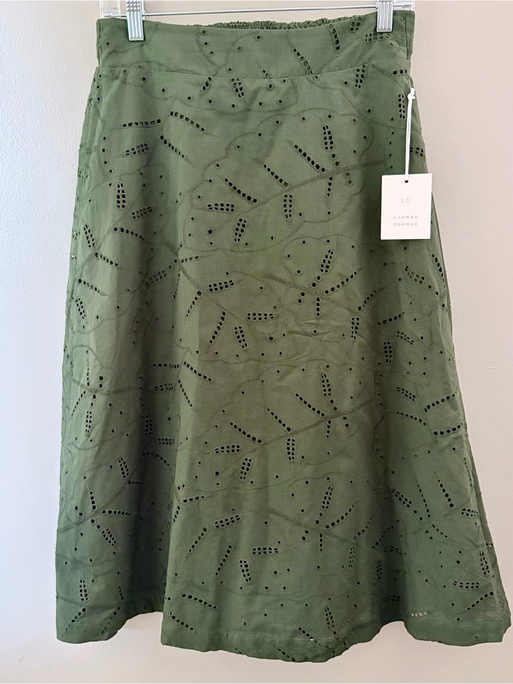 Cottagecore Olive Green Eyelet Midi Skirt NWT Size S